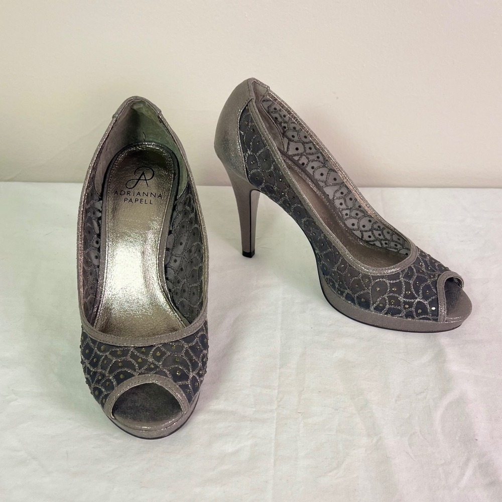 Adrianna Papell "Foxy" Peep Toe 8.5 Gunmetal Mesh Rhinestone Platform Heels